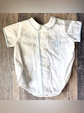 Vintage Baby Boy Bubble Romper White Blue Trim Peter Pan Collar 3–6M
